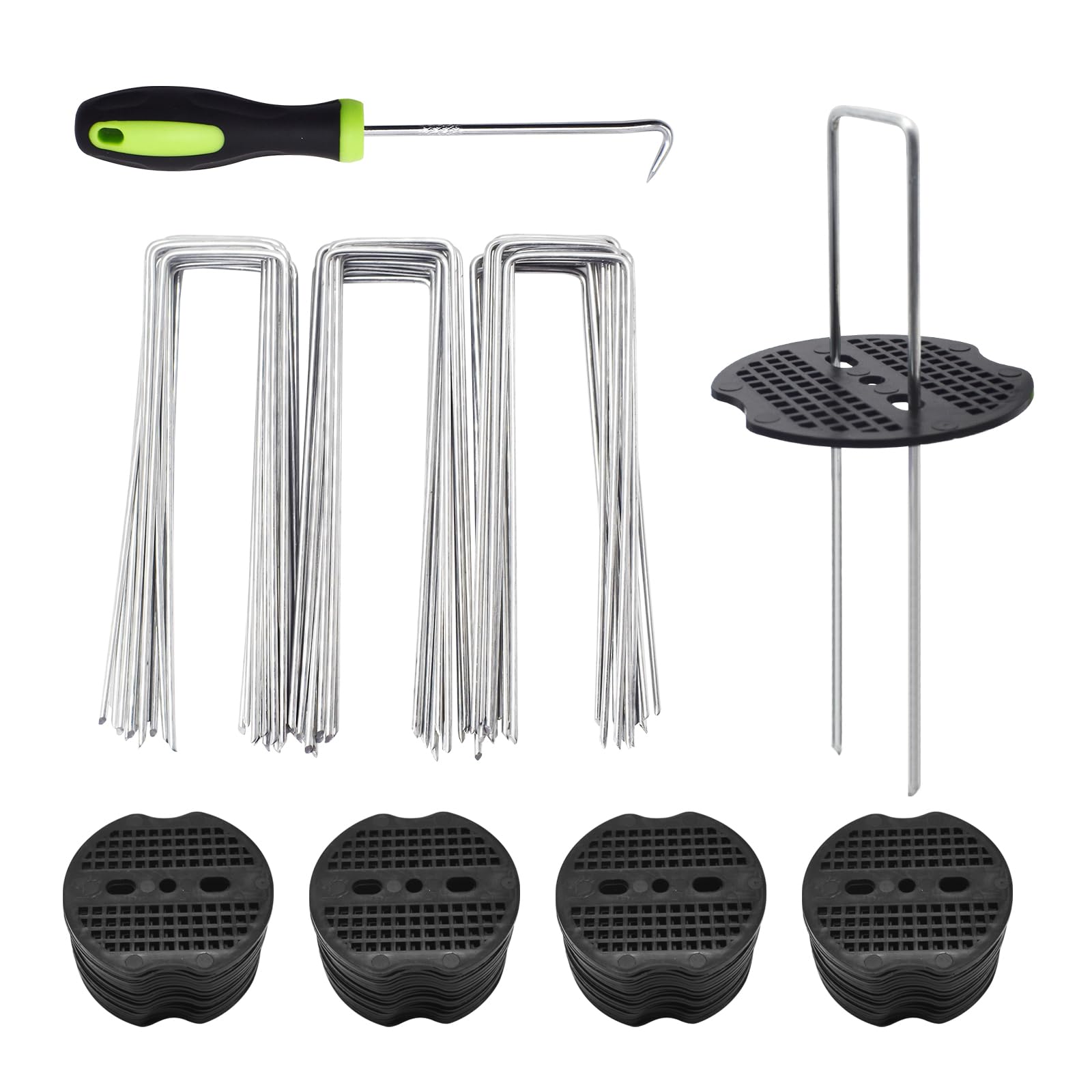 Photo 1 of 100Sets Garden Stakes Staples and Fixing Gaskets 6 Inch U Shaped Heavy Duty Lawn Staples 11 Gauge Galvanized Landscape Pins with 1 Pick Hook for Weed Barrier Fabric Ground Covers Holding Fence