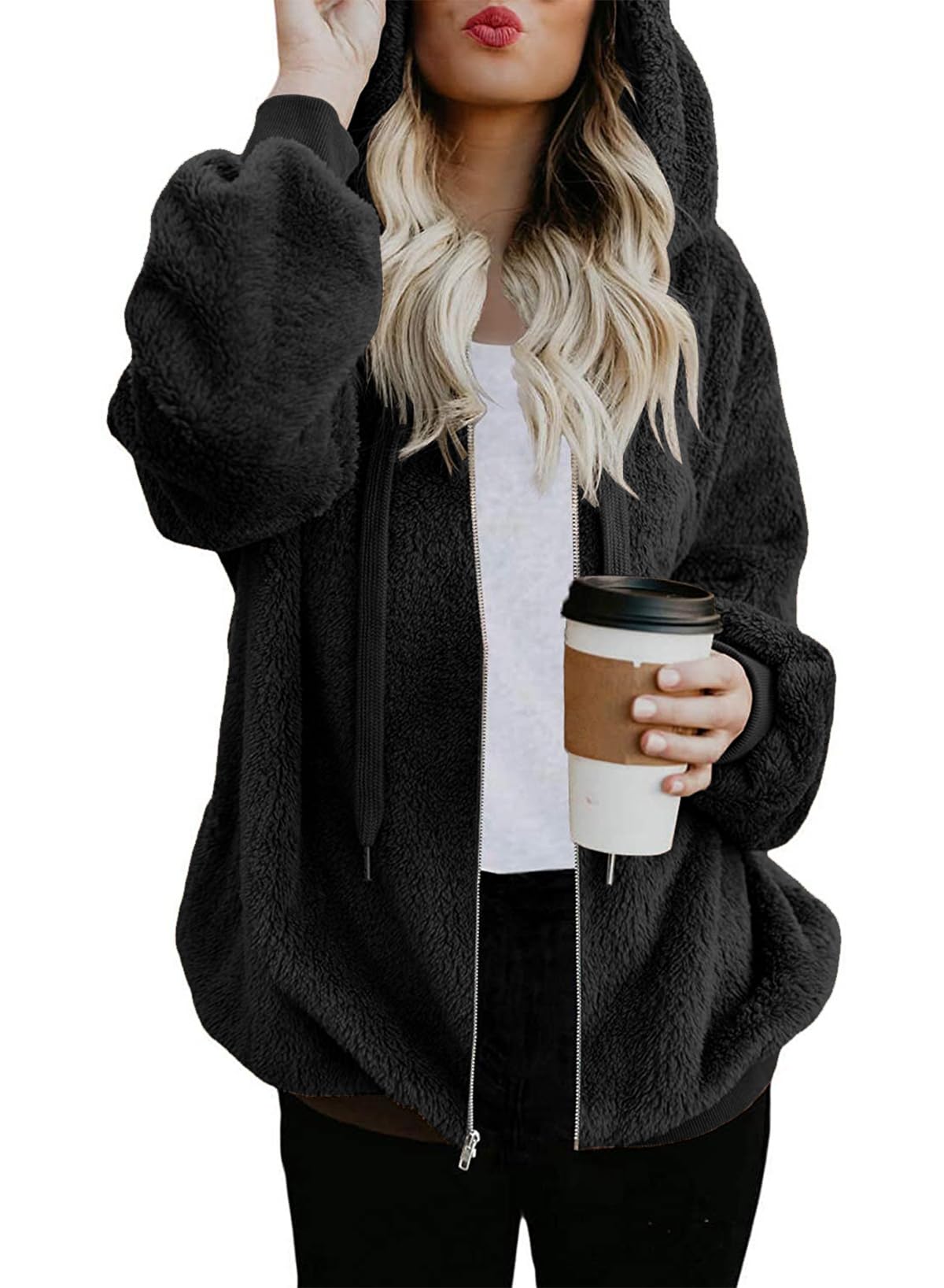 Photo 1 of Nirovien Womens Full Zip Up Sherpa Hoodie Fuzzy Fleece Jacket Oversized Fluffy Coat with Pockets(Black,S)