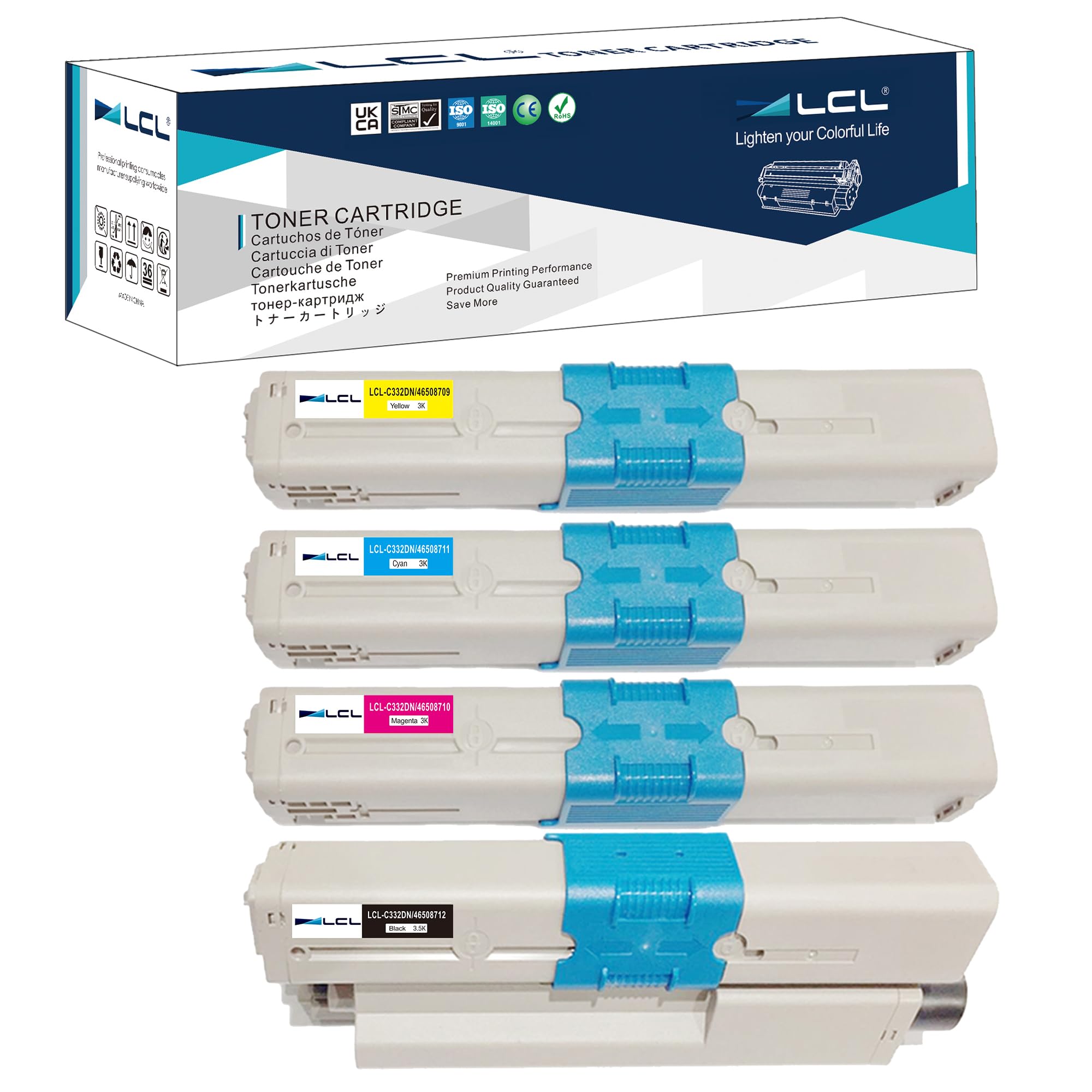 LCL Compatible Toner Cartridge 46508716 46508712 46508711 46508710 46508709 (4Pack Black Cyan Magenta Yellow) Replacement for OKI C332dn C332dnW MC363dn