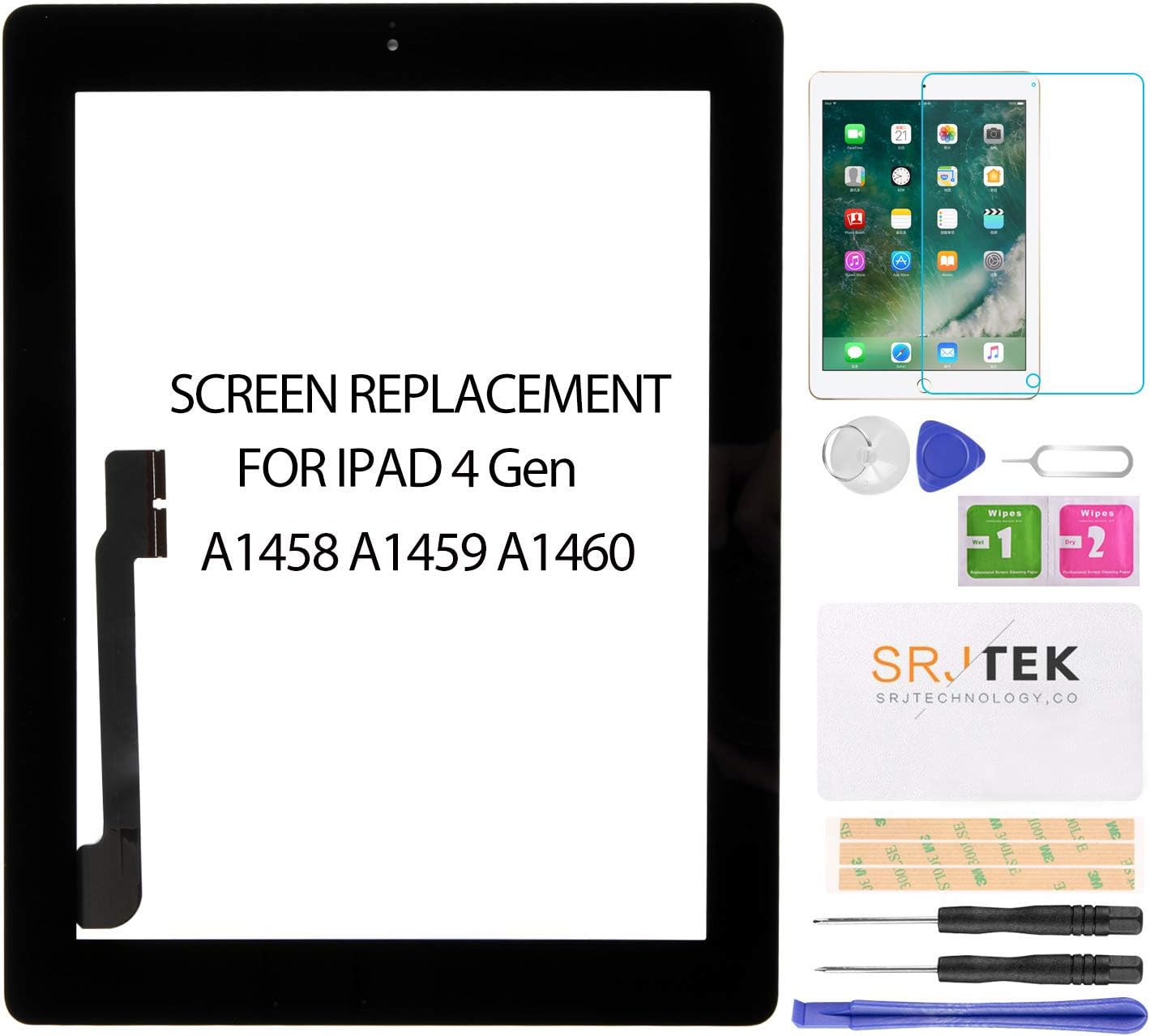 for iPad 4 Screen Replacement-SRJTEK Touch Screen for iPad 4 4rd Gen A1458 A1459 A1460 Digitizer Glass Sensor Assembly Repair Parts Kits,Include Home Button,Adhesive,Tempered Glass Black