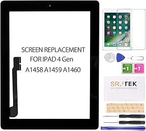 for iPad 4 Screen Replacement-SRJTEK Touch Screen for iPad 4 4rd Gen A1458 A1459 A1460 Digitizer Glass Sensor Assembly Repair Parts Kits,Include Home Button,Adhesive,Tempered Glass Black
