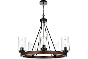 MILUCES 5 Lights Wagon Wheel Chandelier Farmhouse Wood Pendant Lights with Clear Glass Shade, Industrial Country Style Large Round Pendant Light Fixture for Foyer Dining Room Kitchen Island