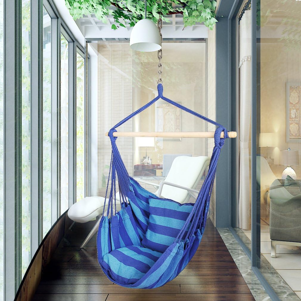 Holifine Garden Hanging Hammock Chair 100 x 130cm Outdoor Swing Seat with 2 Comfortable Cushion for Indoor and Outdoor Max Load 120 kg / 265 lbs - Deep Blue Stripes