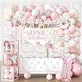 269 Pcs One Silly Goose Birthday Decor Girl, Balloon Arch Garland Party Tableware Set for 25 Guests, Pink Silly Goose First Birthday Decorations for Girl Goose Decorations
