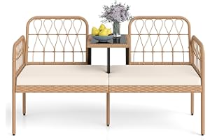 HAPPYGRILL Patio Rattan Loveseat, 2-Seat Wicker Chairs with Built-in Table, Outdoor Conversation Bench with Seat Cushions for
