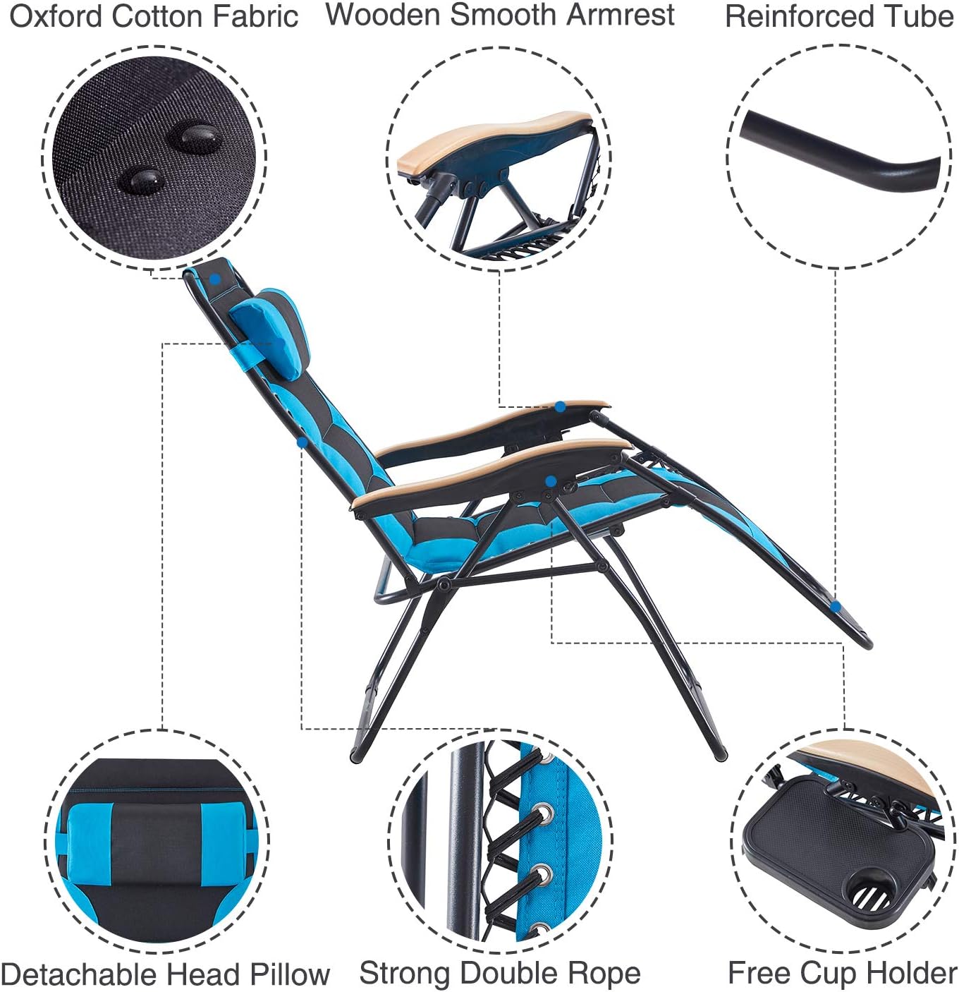 VICLLAX Oversize Padded Zero Gravity Chair Patio Lounge Chair with Cup Holder for Outdoor Beach Pool, Black&Turquoise: Kitchen & Dining