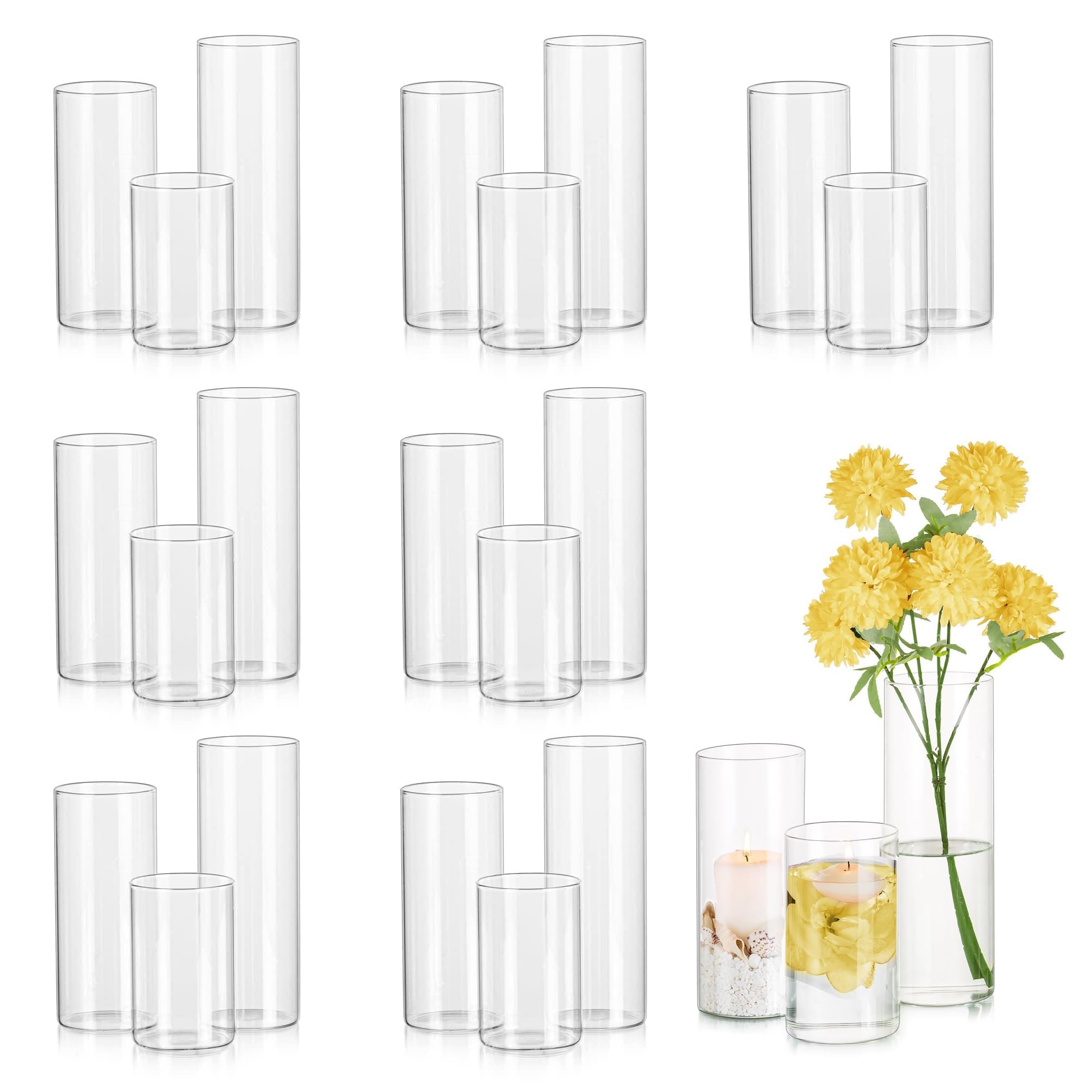 View 1 of *** 6 PCS / RETAIL PRICE $ 21.25 *** Glasseam Clear Cylinder Vases Set, 24Pcs Glass Vases for Centerpieces Bulk, Modern 2" Floating Candle Centerpieces for Decor, Hurricane Candle Holders for Wedding Table Decorations, Tall 4"+6"+8"