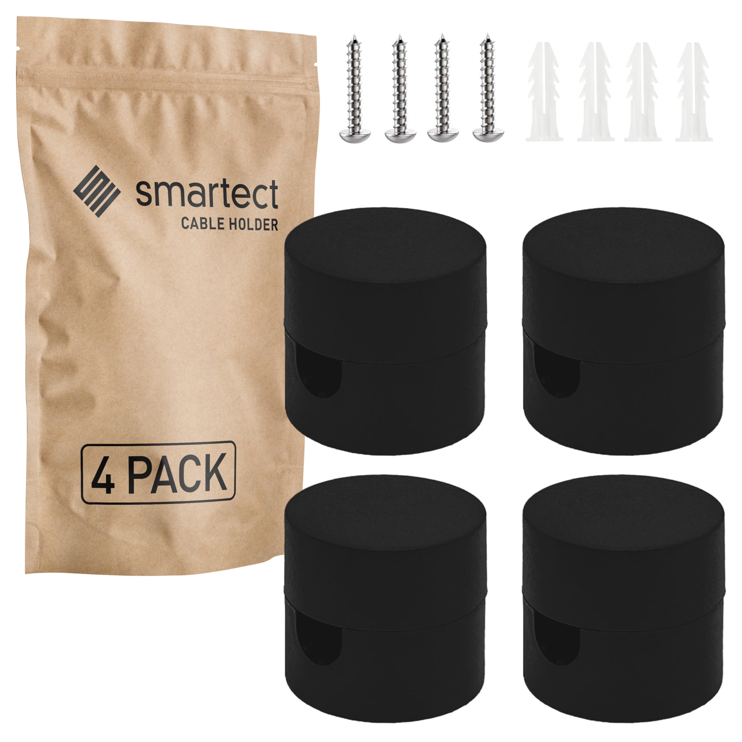 smartect Wall and Ceiling Pins [4 Pieces, Black, Ø20x18 mm] Cable Decentralizer with wall Plugs and Screws Included, Ceiling Light Hook for Your DIY Project