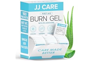 JJ CARE Burn Gel (Pack of 160), Soothing Burn Gel Packets for Minor Burns, First Aid Jel & Sunburn Relief Individual Packets with Lidocaine and Aloe Vera (0.9 Grams per Packet)