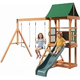 SunSwell Wooden Swing Sets for Backyard, Outdoor Playset,Green | Playground Sets with 6 FT Wave Slide, Play Deck, Rock Wall Ladder, 2 Belt Swings, Chalkboard, Canopy Roof