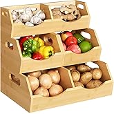AnYoben Potato Onion Storage Bins Natural Brown, 3 Tier Bamboo Pantry Storage Bin Stackable Ventilated Kitchen Organizer for Pantry, Countertop, Bathroom, Space-Saving, Easy Access Handle