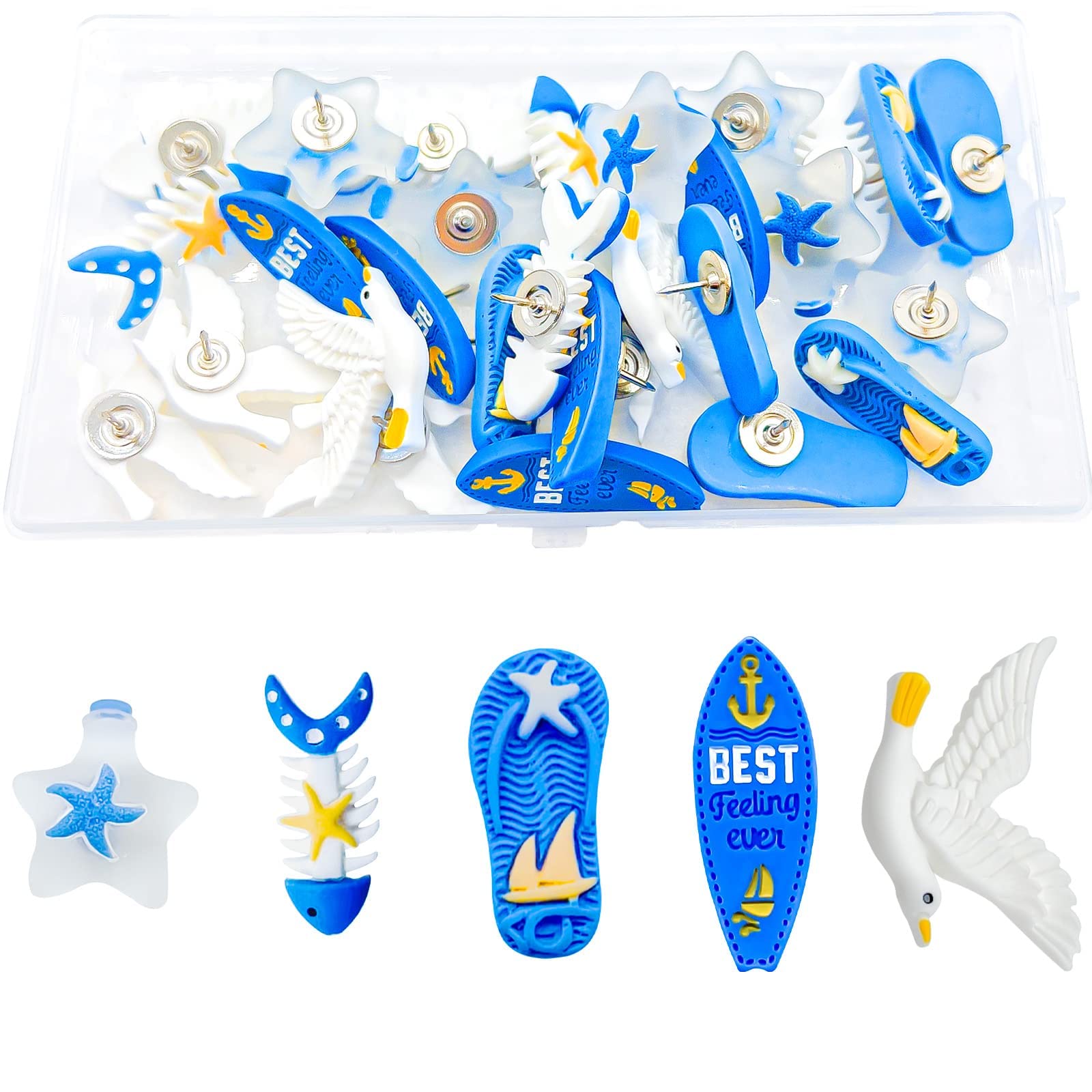 30 Pcs Decorative Ocean Theme Thumb Tacks - Seagull, Starfish, Fish, Boat Resin Metal Push Pins for Photos, Maps, Office Organization or Home Decoration Bulletin Boards