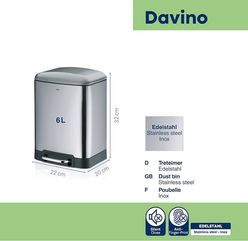 Cestino a pedale 6 l, cestino per cosmetici con coperchio Silent Close, chiusura automatica DAVINO, cestino da bagno in acciaio inox con secchio interno, opaco — foto 3 di 8
