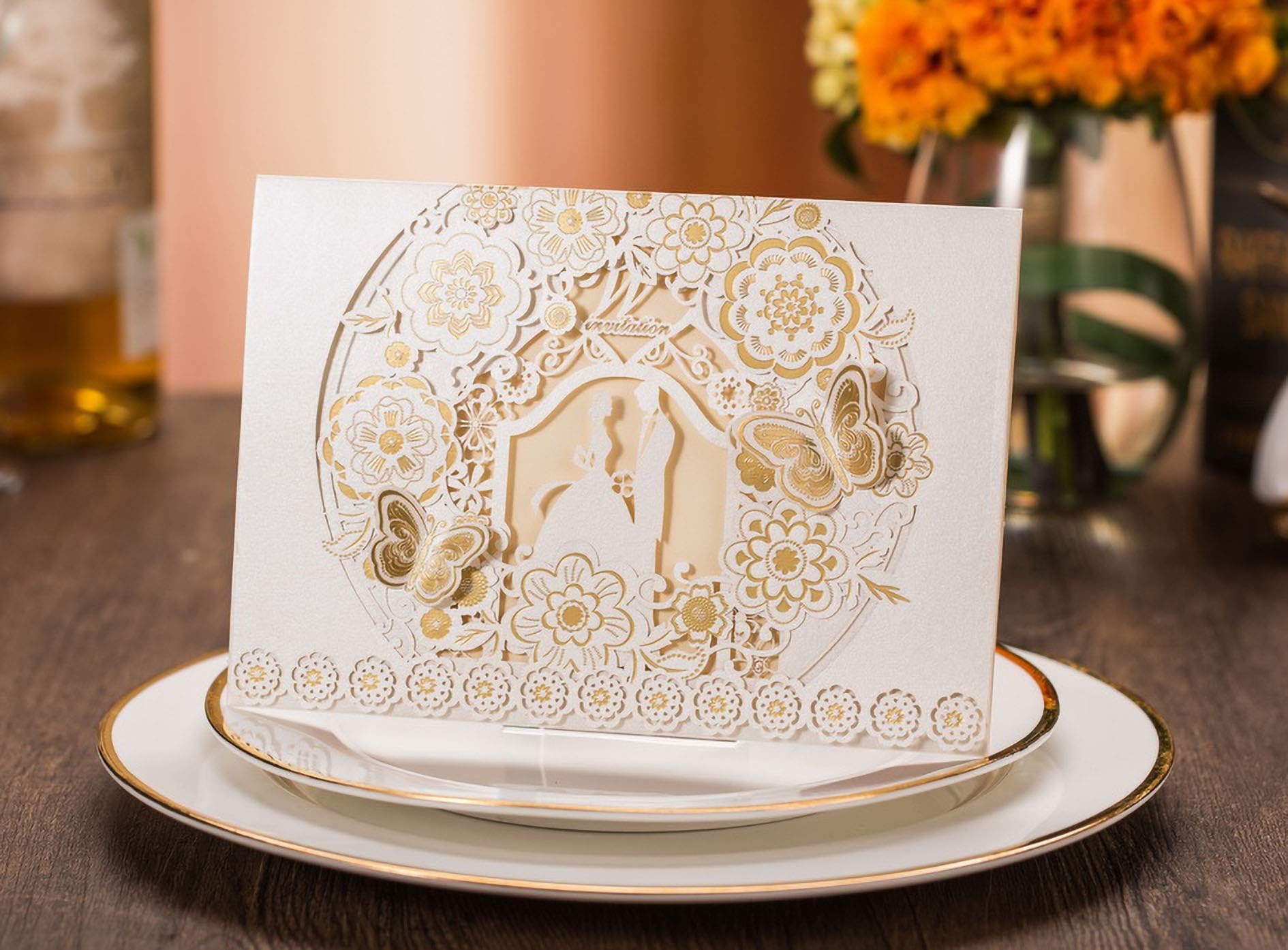 50PCS Invitation Cards Laser Cut White Wedding Party Invitations Cards with Lace for Wedding Engagement Party