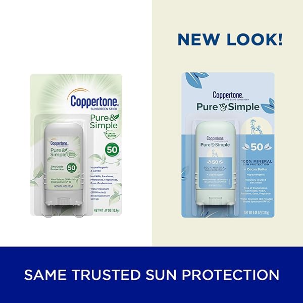 COPPERTONE PURE AND SIMPLE MINERAL SUNSCREEN STICK SPF 50, WATER RESISTANT, HYPOALLERGENIC, FACE SUNSCREEN WITH BROAD SPECTRUM UVA/UVB PROTECTION, 0.49 OZ STICK