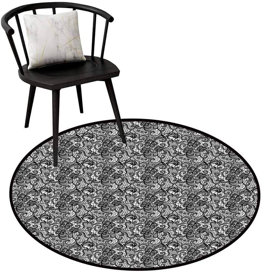 NonSlip Round Rug Black and White Can be Folded Lace Like Floral