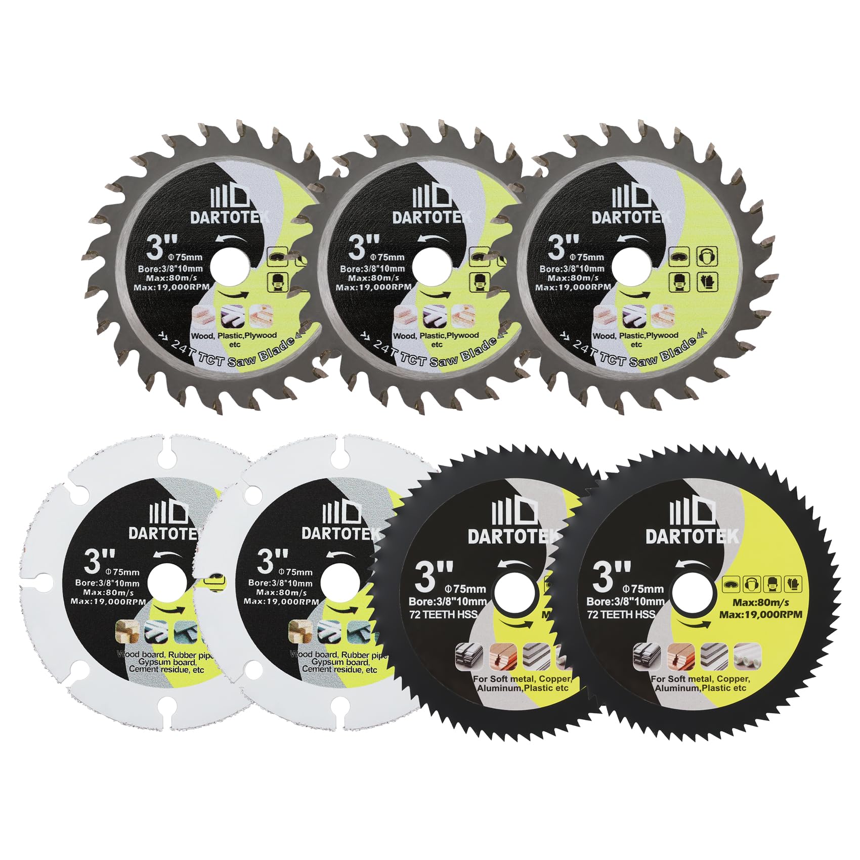 DARTOTEK Wood Cutting Circular Saw Blade HSS/TCT/Cemented Carbide 75mm Cut Off Wheel for Wood Plastic Arbor 10mm, 7pcs