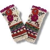 Ella Sussman Hand Knit Fingerless Embroidered 2 Flower Gloves Embroidered Wool Fleece Lined Texting Mittens Arm Warmers