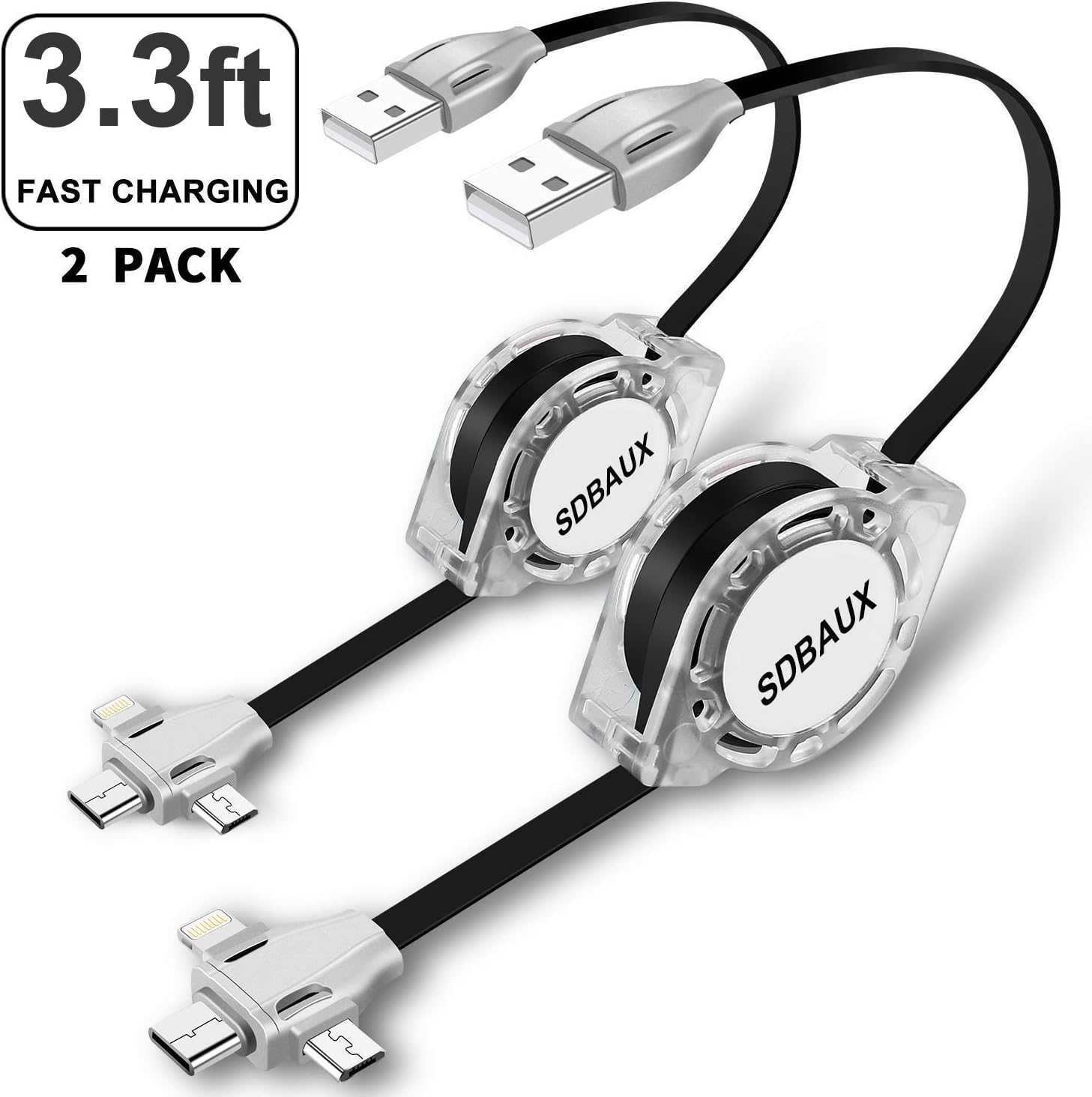 SDBAUX Multi 3 in 1 USB Retractable Charging Cable 2Pack 3.3ft,Fast Charge Charger Cord with Eight Pin Type C Micro USB Port Compatible with all Phone Samsung Galaxy Google Pixel LG Tablets