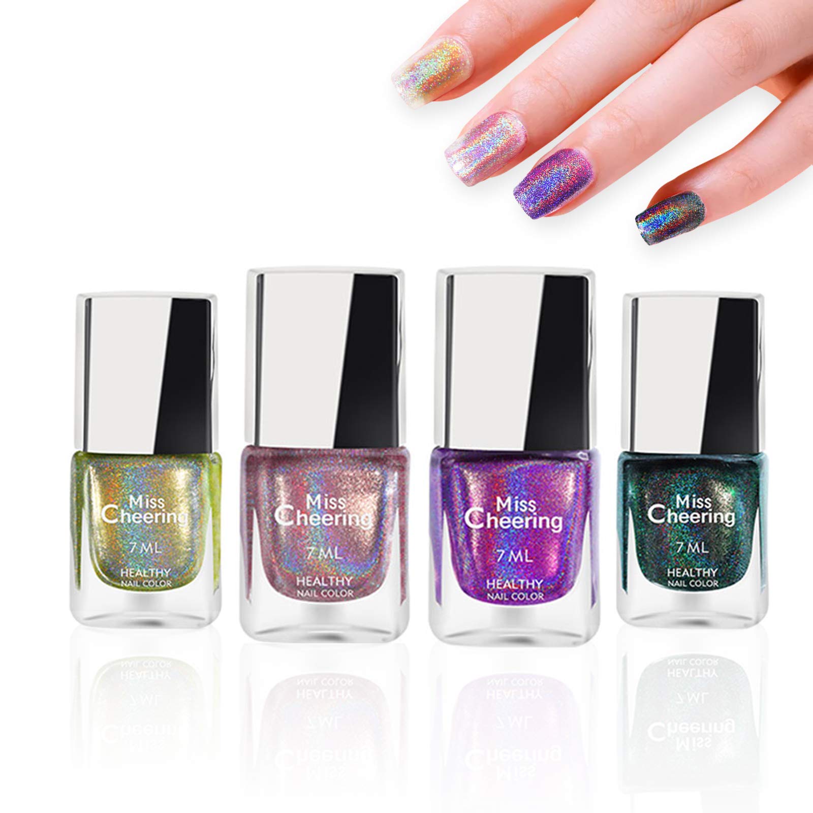 Gireatick 4 Bottles Holographic Nail Polish, Diamond Laser Glitter Long Lasting Nail Polish 7ML Each Bottle (B)
