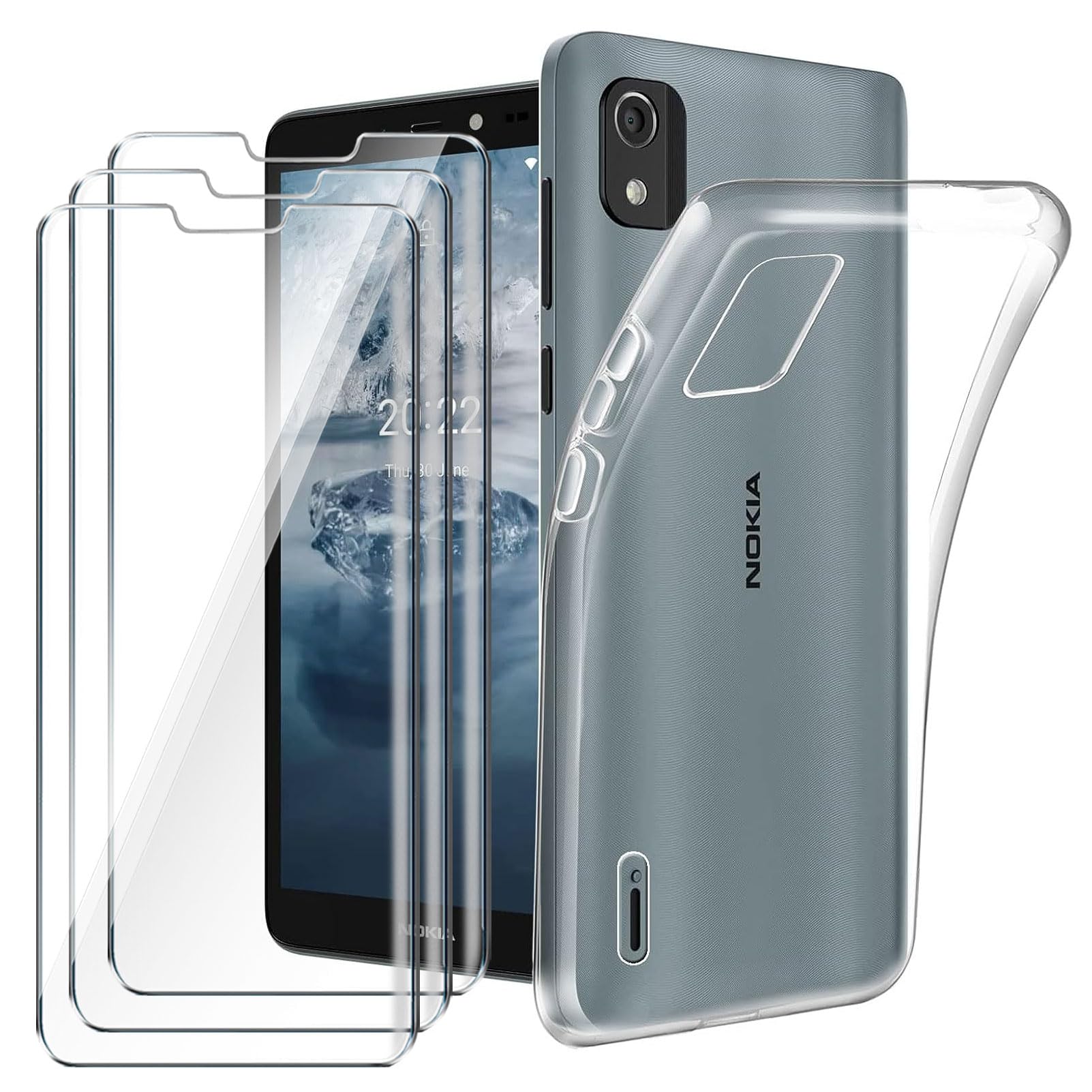 [4 in 1] Case Compatible with Nokia C2 2nd Edition Cover with 3 Pack Tempered Glass Screen Protector for Nokia C2 2nd Edition, Slim Fit Soft TPU Shockproof Anti-Scratch Phone Case Cover - Clear