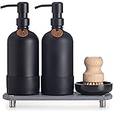 [Luxurious] Hand and Dish Soap Dispenser Set, Kitchen Soap Dispenser Set with Handmade Leather Tag, Instant Dry Tray, Stainless Steel Pump, Non-Slip Pad, Add Elegant Touch to Your Kitchen Sink