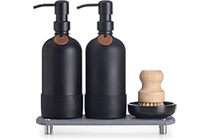 ORCHID HOME [Luxurious] Hand and Dish Soap Dispenser Set, Kitchen Soap Dispenser Set with Handmade Leather Tag, Instant Dry Tray, Stainless Steel Pump, Non-Slip Pad, Add Elegant Touch to Your Kitchen Sink