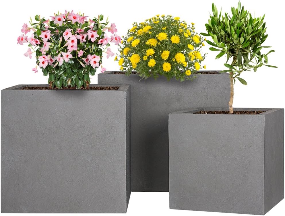 Pflanzwerk® Pflanzkübel Fiberglas Cube Grau 3er-Set 23cm + 28cm + 34cm *Frostbeständig* *UV-Schutz* *Qualitätsware*