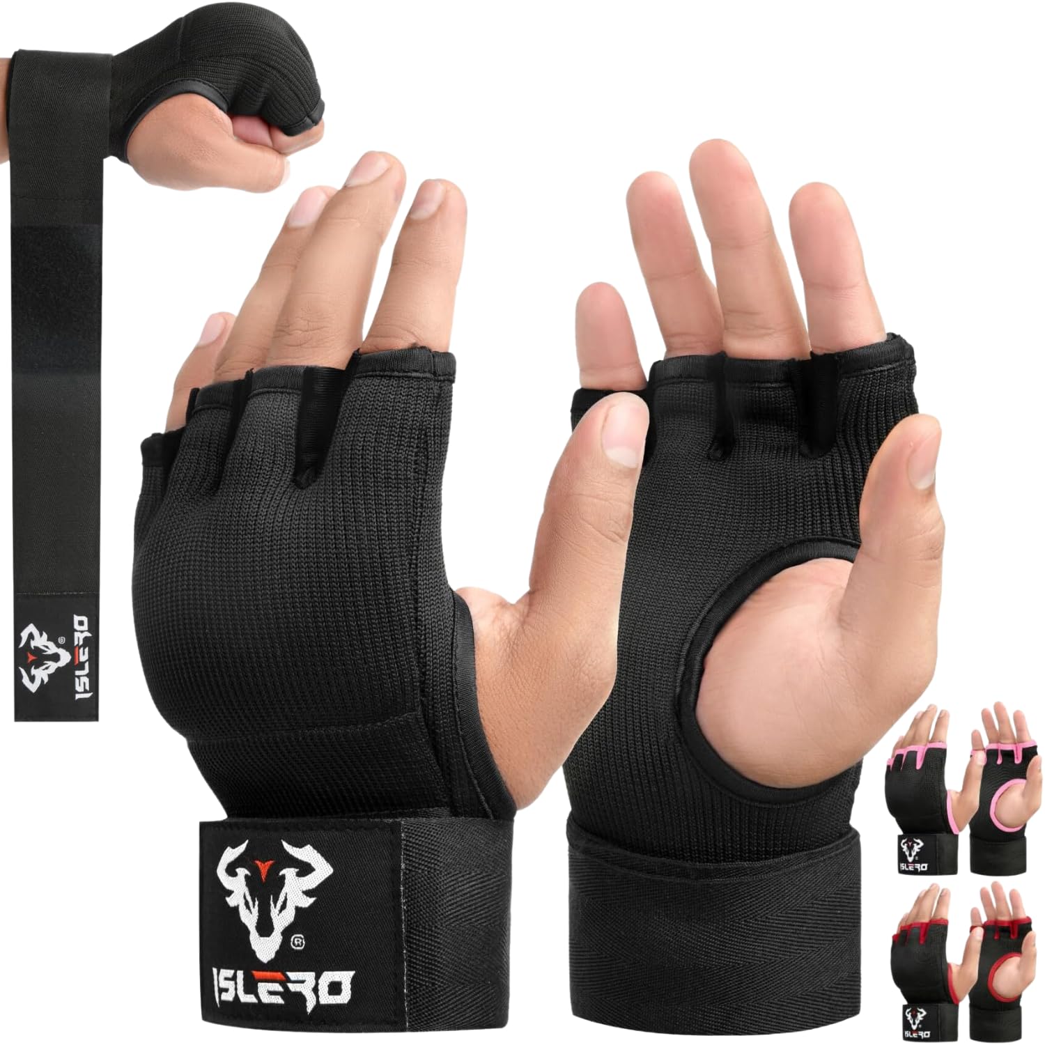 Islero boxing hand wraps 93cm Quick Long wrist straps Gel Inner gloves Elasticated Fist Protection Padded Muay Thai MMA Martial Arts Punching Speed Bag Training Bandages (S/M, Black)