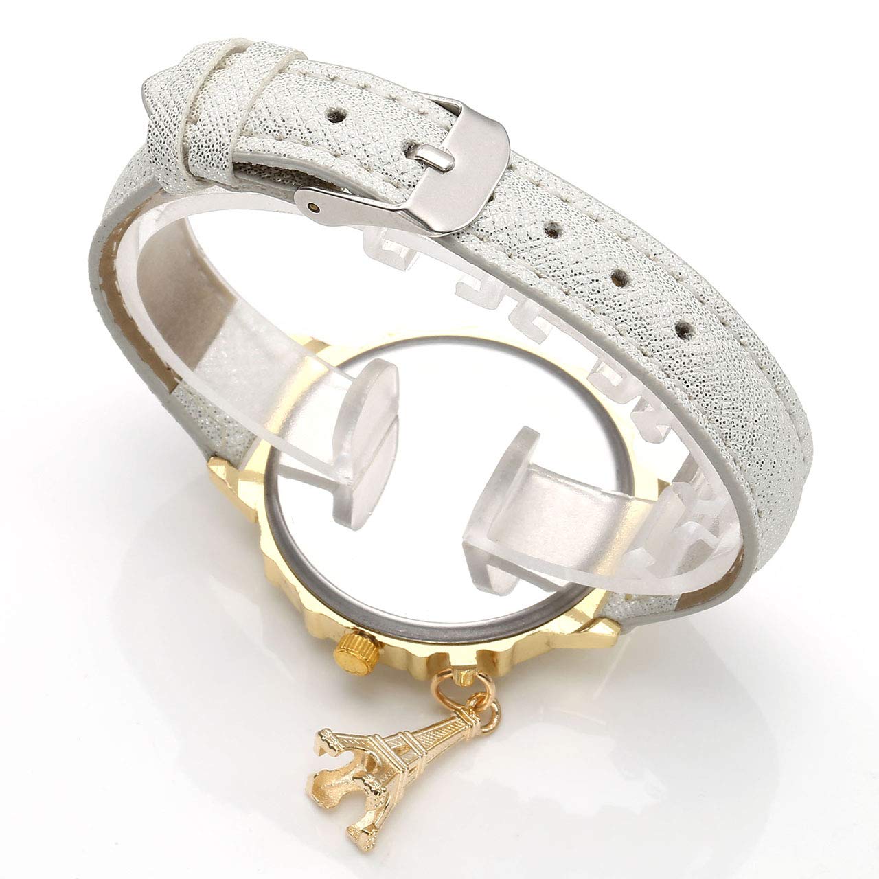 Top Plaza Womens Ladies Fashion Casual Leather Analog Quartz Wrist Watch Unique Tower Pattern Rhinestones Golen Case Dress Watches with Small Tower Charm(White)