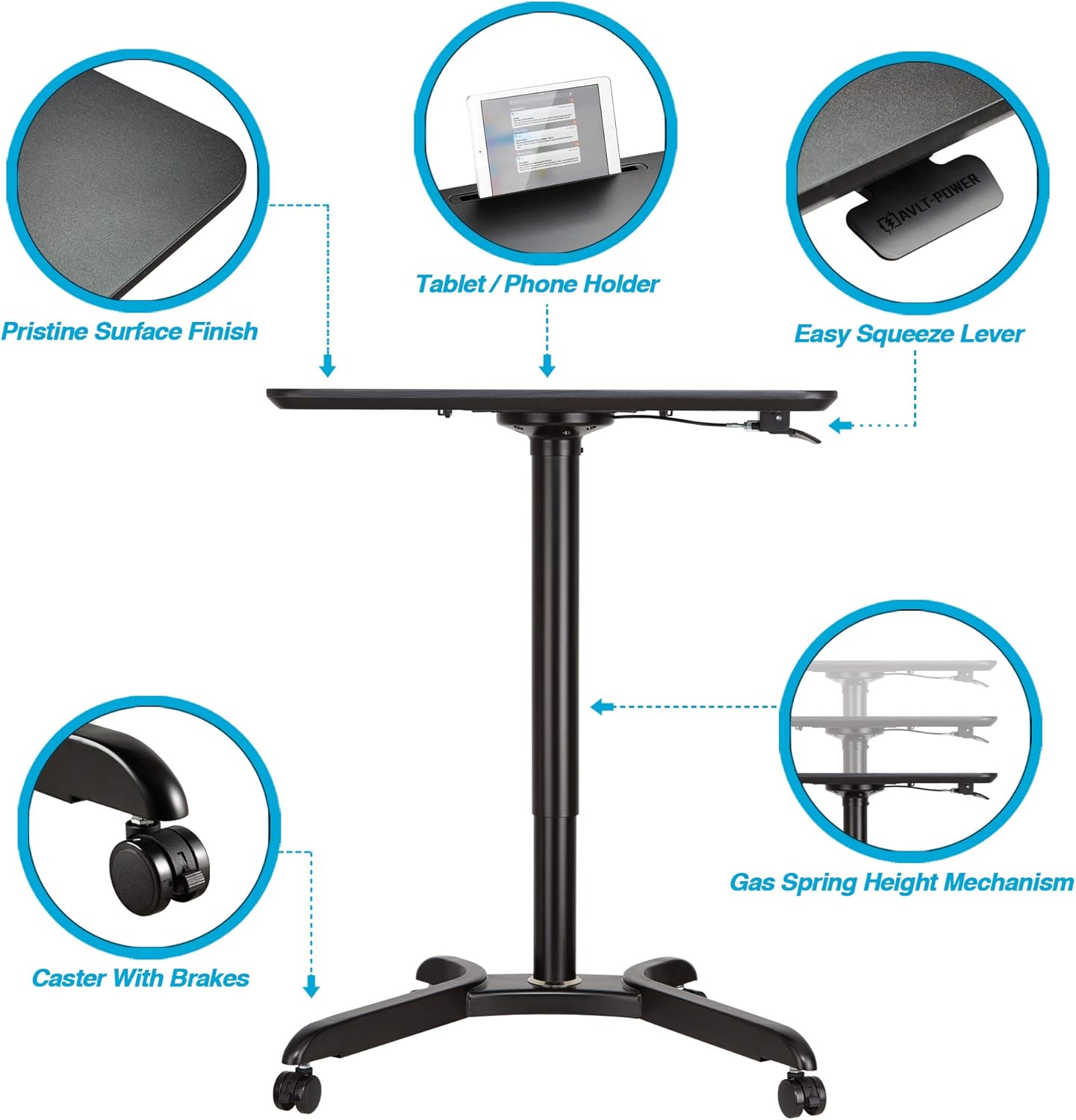 AVLT 48" Pneumatic Adjustable Height Desk (4 ft) - Adjustable Laptop Desk - Mobile Rolling Desk - Computer Cart - Rolling Height Adjustable Folding Desk - Mobile Black Cart with Brake Casters : Office Products