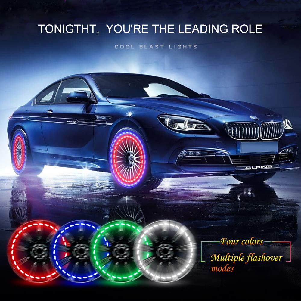 FICBOX Car Tire Wheel Lights,4 Pack Solar Car Wheel Tire Hub Light Motion Sensors Colorful LED Tire Flashing Colorful Exterior Lights
