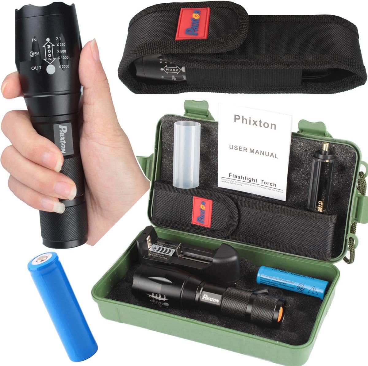 PHIXTON 5000LM XML T6 LED Tactical Survival Flashlight+18650 Battery+Charger+Case Pouch