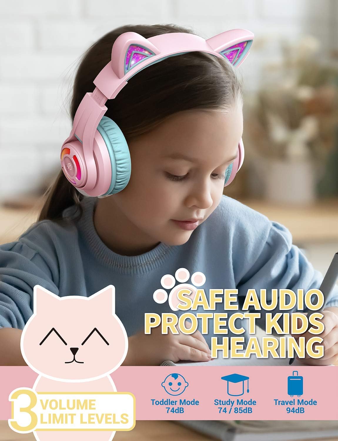 iClever Kids Bluetooth Headphones, BTH13 Cat Ear LED Light Up Kids Headphones Wireless, 50H Playtime - Image 4