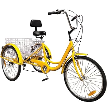 Ridgeyard 24" 6 Speed 3 Wheel Adult Cycling Pedal Tricycle Bicycle Trike Bike with Shopping Basket Yellow