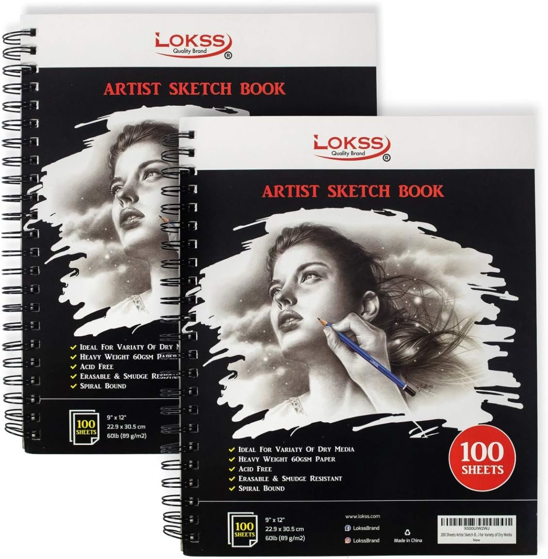 200 Sheets Artist Sketch Book Pad by LOKSS - 2 Pack (200 Sheets 9 X 12), Spiral Bound – Acid Free – Premium Sketch Paper - Ideal for Variety of Dry Media