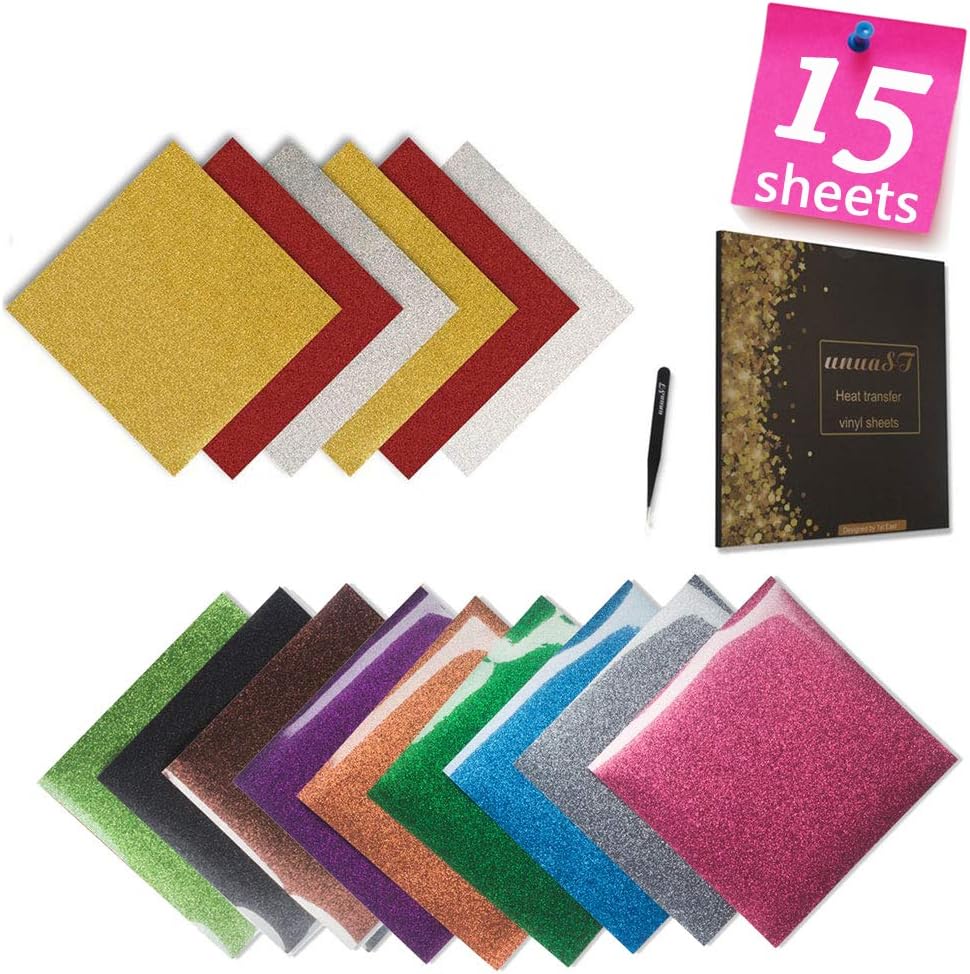 Glitter Heat Transfer Vinyl HTV Bundle for T-Shirts -15 Sheets 10 x 10 inches,Iron On Sparkle Vinyl Pack for Silhouette Cameo & Cricut, Bonus One Free Weeding Tweezers