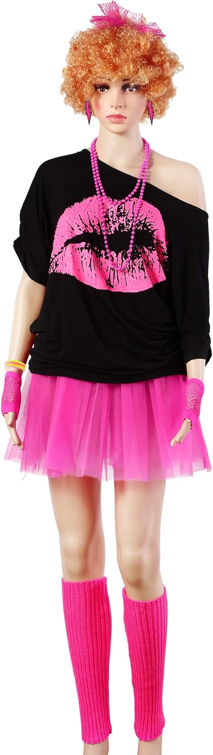 80s Costume Accessories Set T-Shirt Tutu Headband Earring Necklace Leg Warmers: Clothing