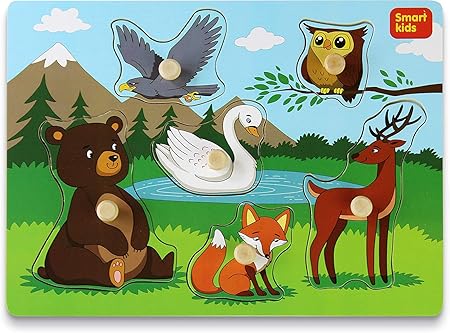 Amazon Smart Kids 幼児向け木製パズル 幼児用パズルセット 森の動物 厚い木製構造 大きなノブとハードボックス付き 6ピース パズル おもちゃ