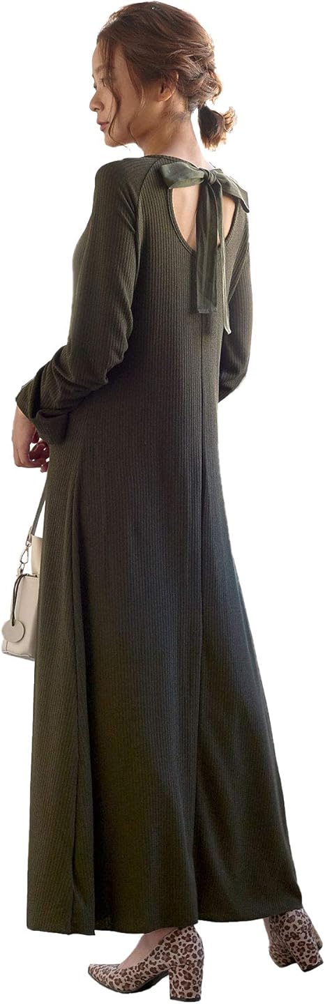 Amazon 神戸レタス バックオープンリボン リブ ロング ワンピース E2214 レディース ワンサイズ カーキ ワンピース チュニック 通販