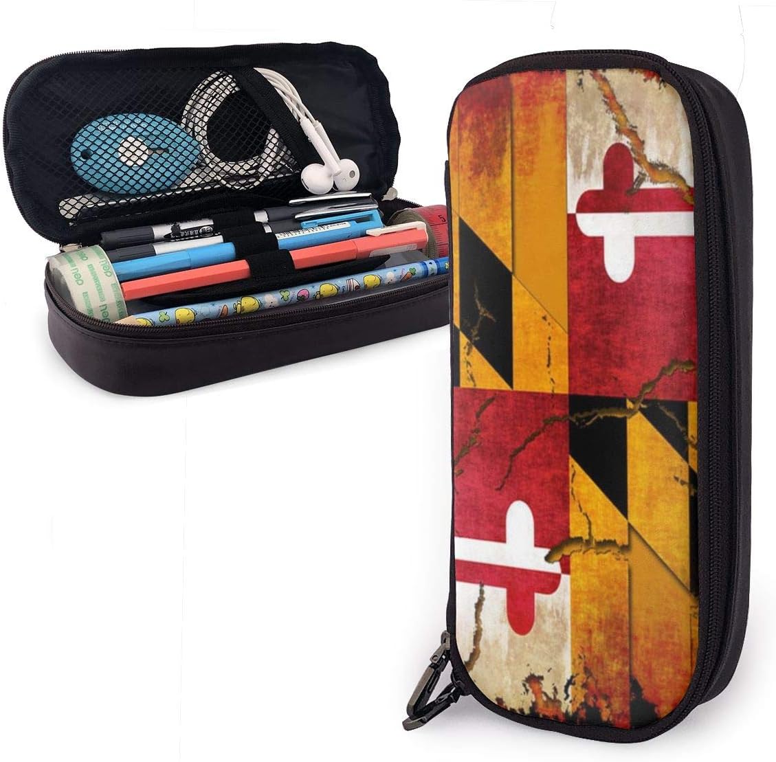 Vintage Wooden Maryland Flag Leather Pencil Case for Adults and Students,Pen Case Makeup Pouch for Purse Zipper Pouch for Pencils Pens Markers