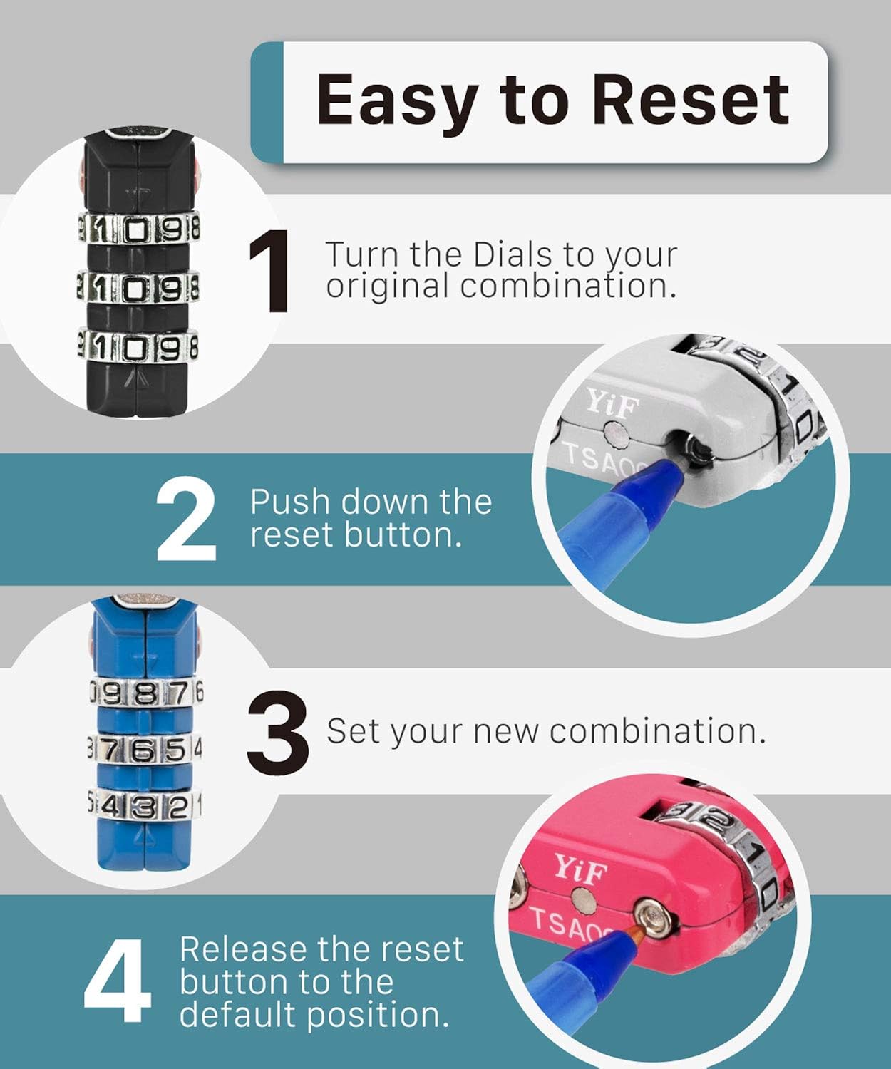  | Fosmon TSA Approved Luggage Locks, (4 Pack) Open Alert Indicator 3 Digit Combination Padlock Codes with Alloy Body and Release Button for Travel Bag, Suit Case and Luggage - Blue, Pink, Silver, Black | Luggage Locks