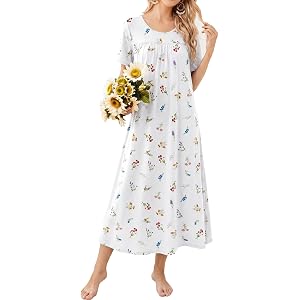 Ekouaer Long Nightgowns for Women Bamboo Viscose Short Sleeve Soft House Dress