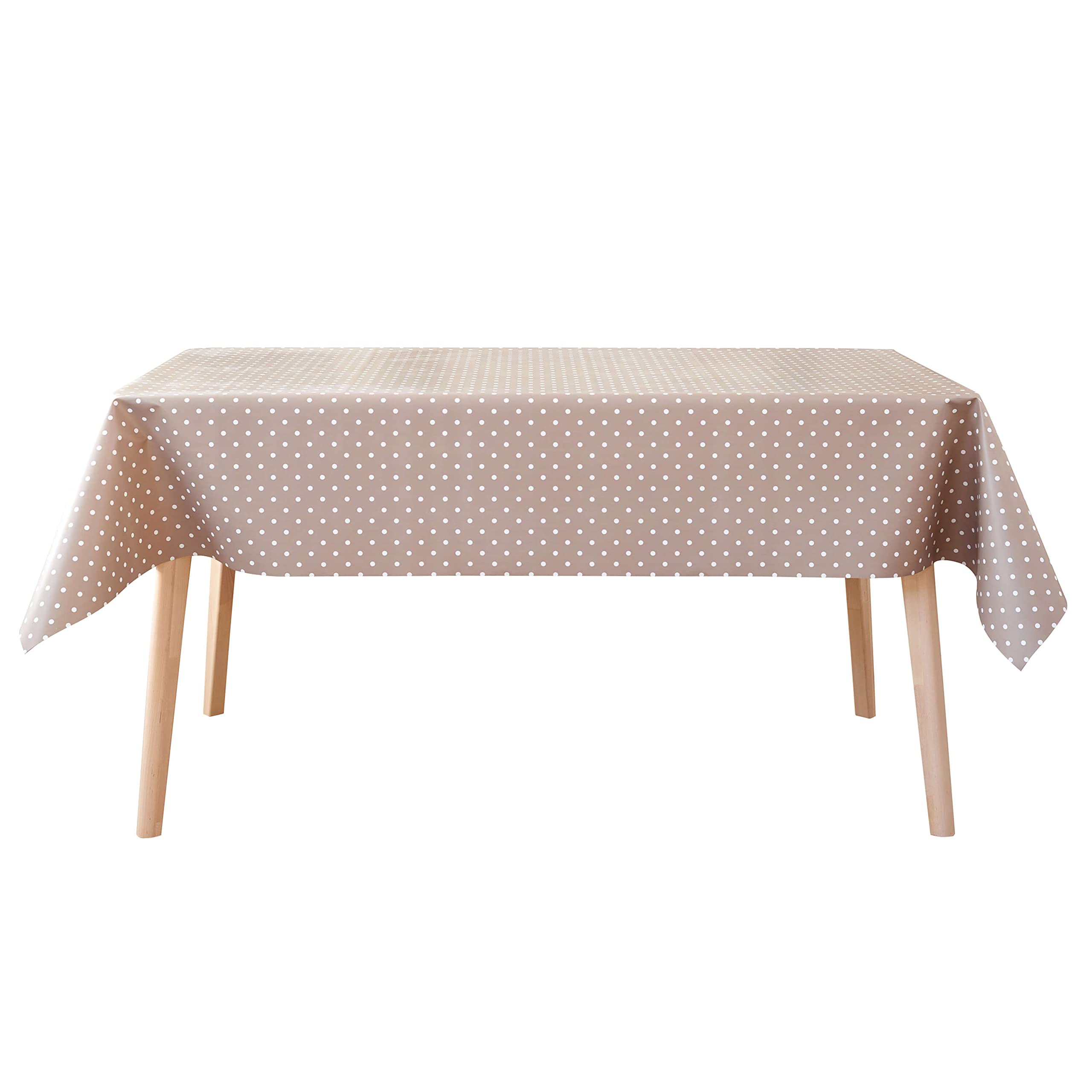 Jolee Taupe Polka Dot Table Cloth | PVC High Durable Vinyl Cloth For Tables | Indoor & Outdoor Spaces Wipeable Tablecloth | Retro Style Table Cover | Taupe Table Protector For Any Table Size Or Shape