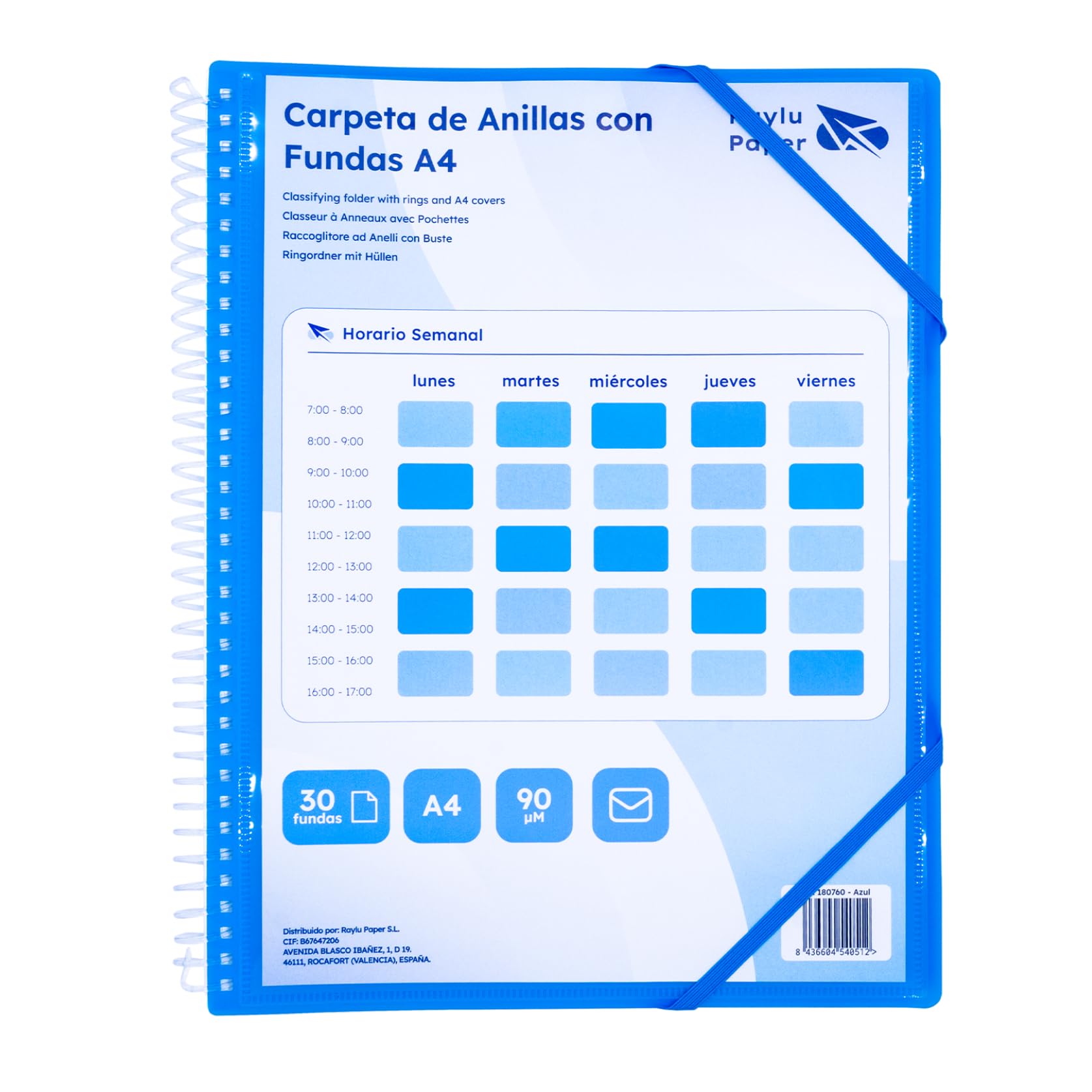 Raylu Paper® – Ring Folder with A4 90 Micron Clear Sleeves and Envelope with Velcro Closure, Customizable Cover, 100% Biodegradable Sleeve Binder (30 Pockets, Blue)