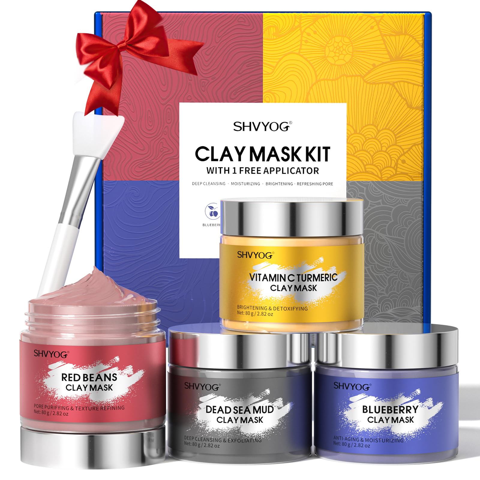Clay Face Mask Kit, Turmeric & Vitamin C Facial Clay Mask, Dead Sea Mud Mask, Blueberries, Red Beans, Deep Cleansing, Oil Control, Brightens Skin Tone, Moisturizing, Gift Set, 320g