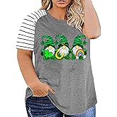 Plus Size St. Patrick's Day T-Shirt Women Cute Gnomes Shamrock Printed Shirt Tops Short Sleeve Casual Graphic Tees