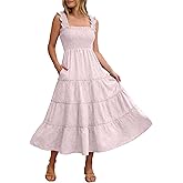 Caracilia Womens Summer Midi Dress Casual Square Neck Sleeveless Eyelet Smocked A Line Tiered 2026 Flowy Dresses with Pockets
