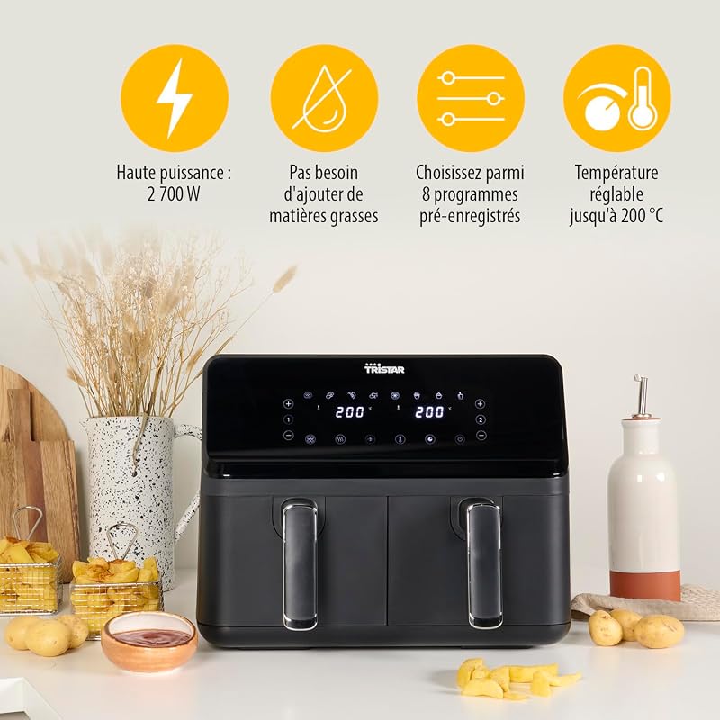 Airfryer Double Panier - Capacité 2 x 4 L - 2700 W - 8 programmes - Température réglable par panier, Noire