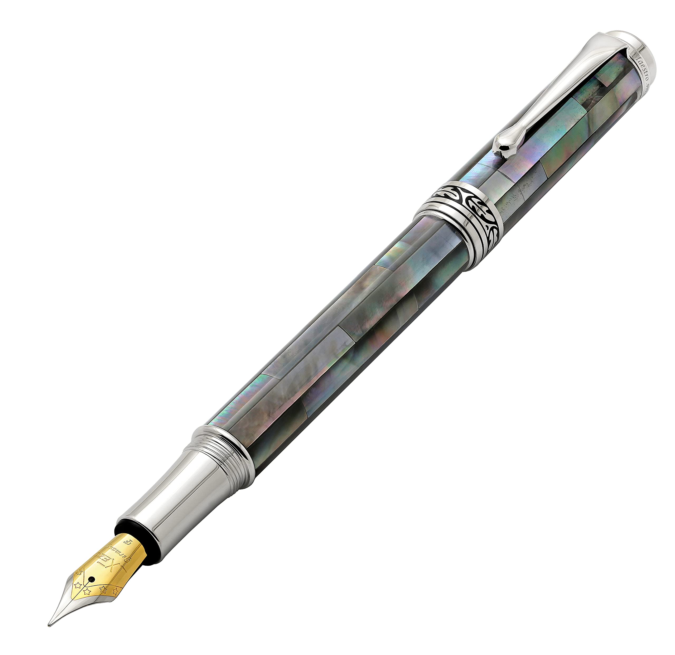 Xezo Maestro Fine/Extra-Fine Nib Fountain Pen Handcrafted with Black Mother of Pearl. Platinum Plated. Limited Edition, Serialized